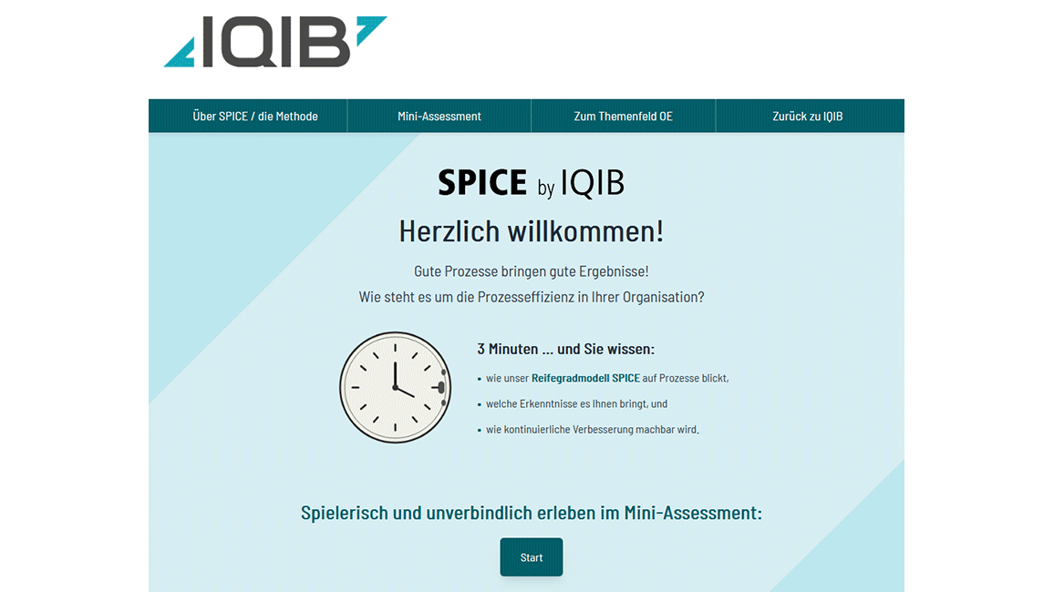 Eine Abbildung der Startseite des Online-Tools "SPICE Mini-Assement