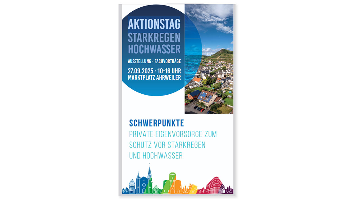 Plakat zum Aktionstag Starkregen Hochwasser am 27.09.2025 von 10 bis 16 Uhr auf Marktplatz Ahrweiler.
